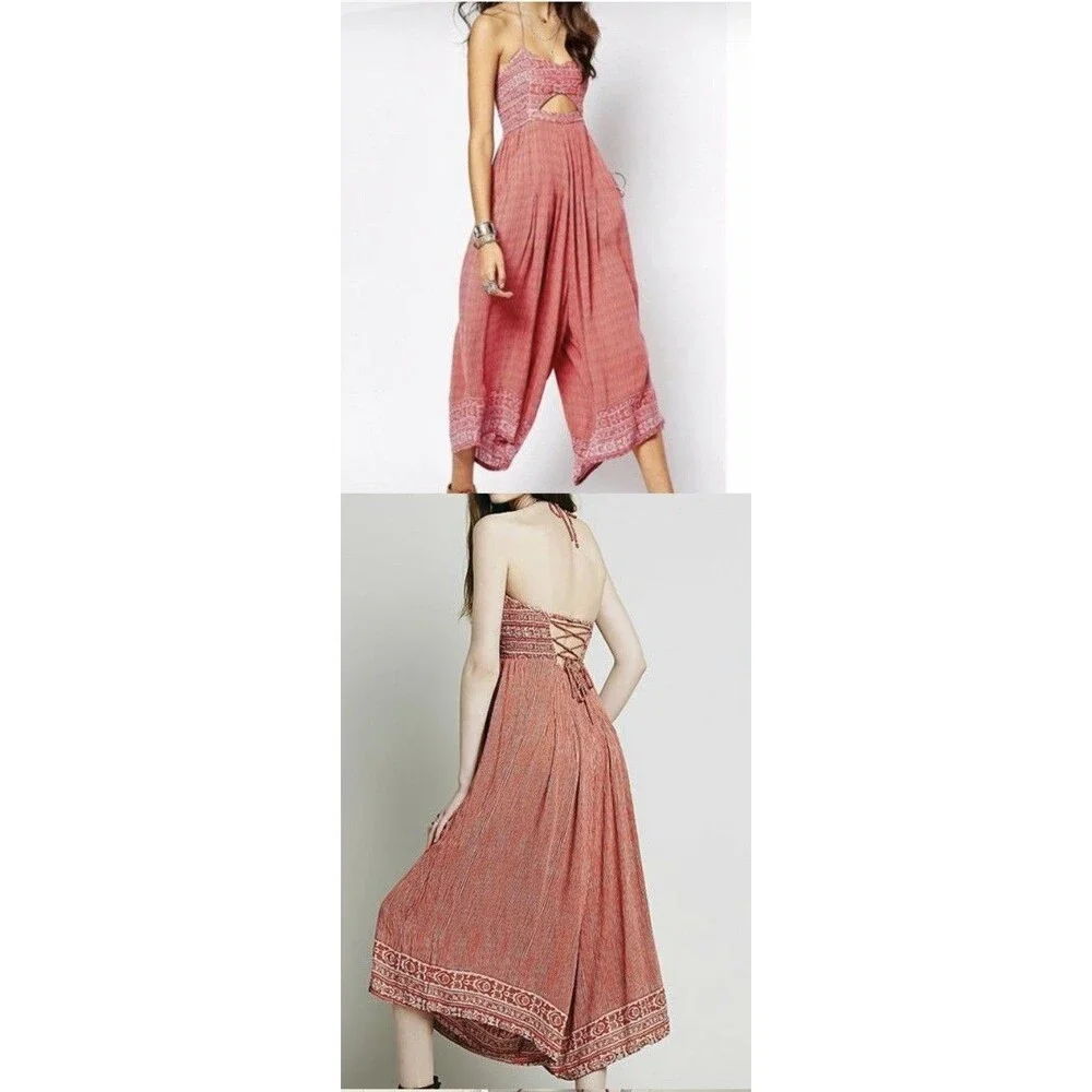 Free People Crystal Bay Wide Leg Jumpsuit Size L Coral Red Halter Smocked Boho